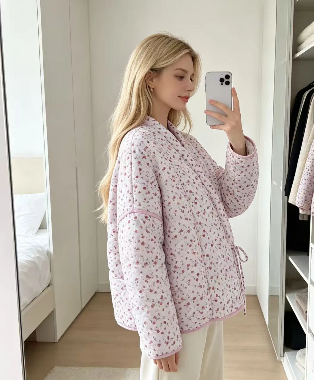 AW Casual Flower Printed Women Thick Coat Loose Lace Up Full Sleeve Female Quilted Jackets 2026 Autumn Winter Warm Lady Outwears