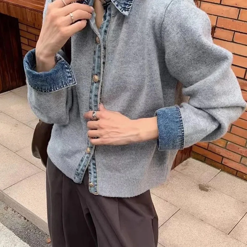 เสื้อสเวตเตอร์ถักลายปะผ้ายีนส์ แขนยาว สไตล์ฮาราจูกุ Y2K เกาหลี ทรงหลวม แฟชั่นลำลอง สตรีท คลาสสิก