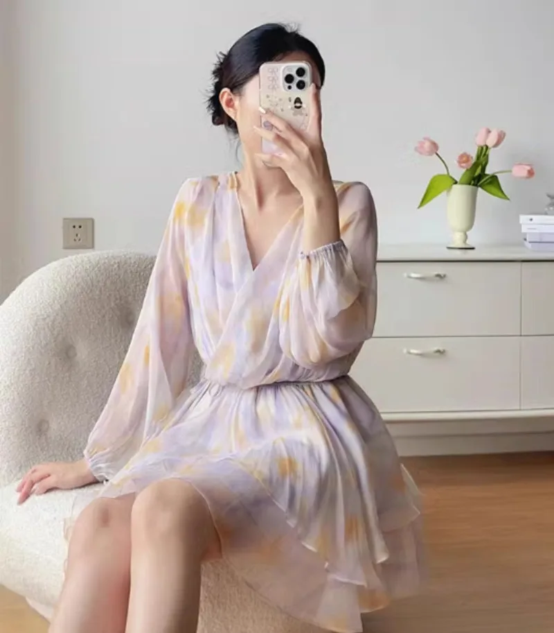 Lace-up chiffion com decote em v vestido feminino verão streetwear roupas elegantes senhora manga longa em camadas babados vestidos bodycon