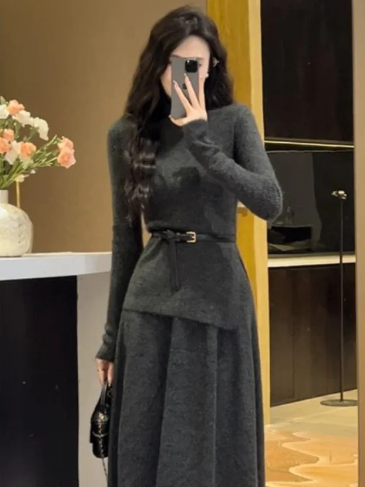 Female Knit Dress Retro Maxi Evening Turtleneck Robe Women\'s Crochet Dresses Grey Long Basic Youthful Elegant Pretty Luxury New