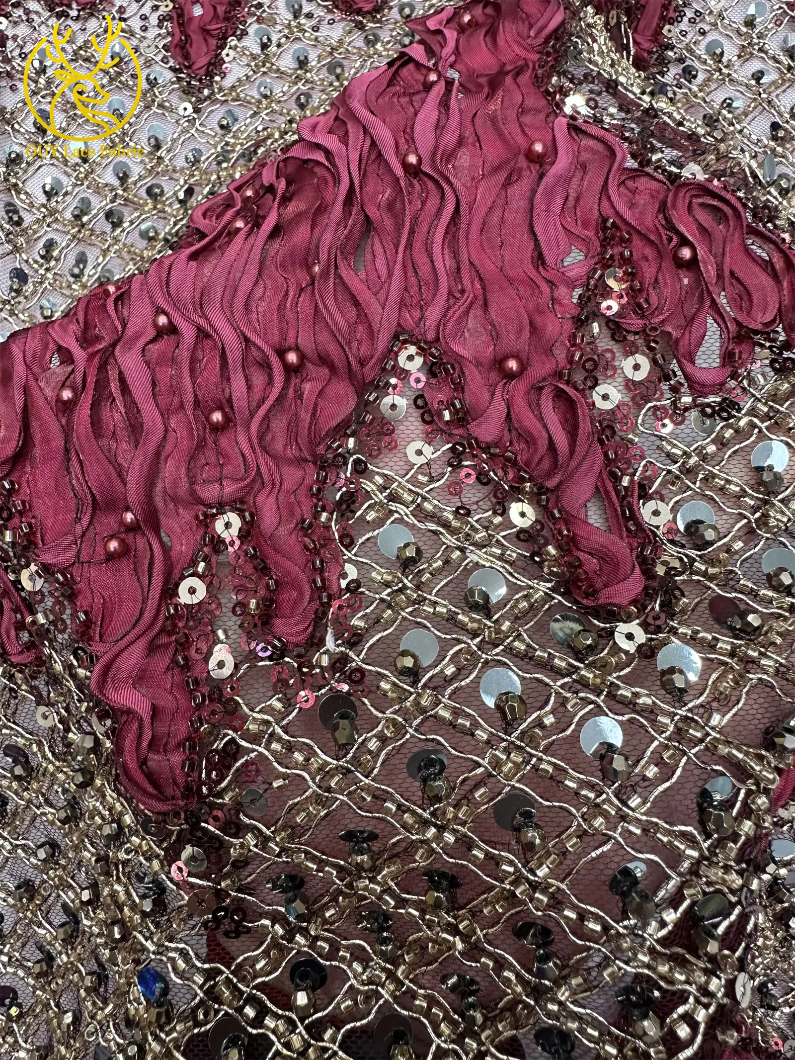 2026 Neues Design Französischer Perlen-Tüll-Spitzenstoff Weinrot Nigerianischer Afrikanischer Pailletten-Netzstoff für Abendkleider 5 Yards – Detail 8