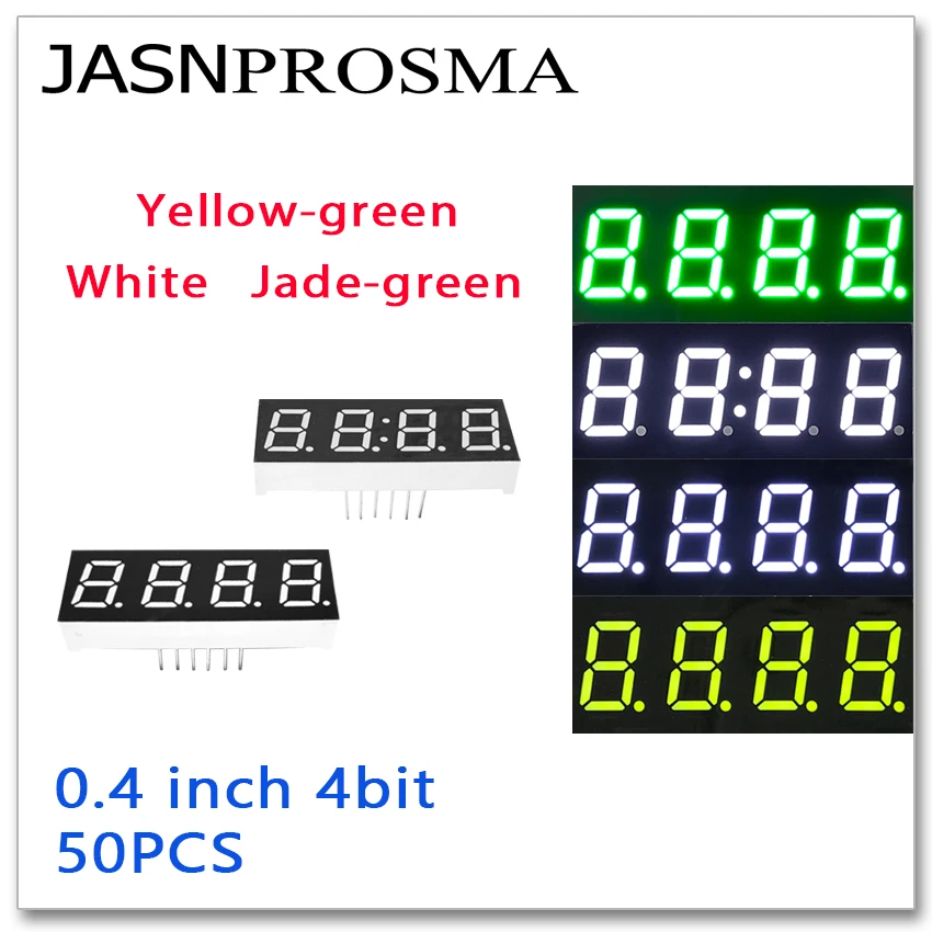 

JASNPROSMA 50PCS 0.4 inch 4 bit digit Tube white yellow jade green Common Cathode Anode LED Display 0.4inch 7 Segment four clock