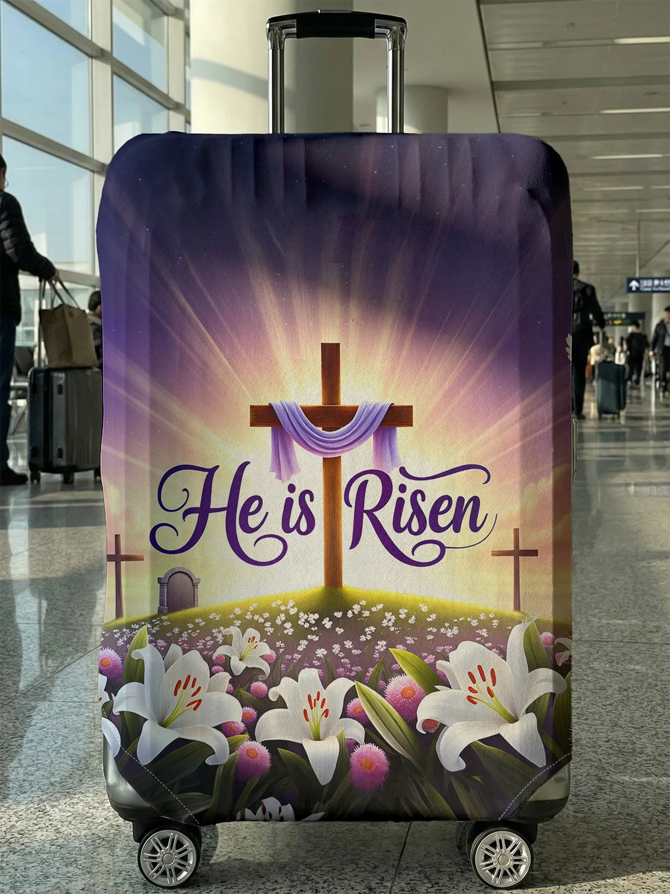 

He is Risen Cross Lily Easter Luggage Cover, Suitable for 18-32 Inch Luggage Cover, Luggage Handle Glove, Travel Accessories