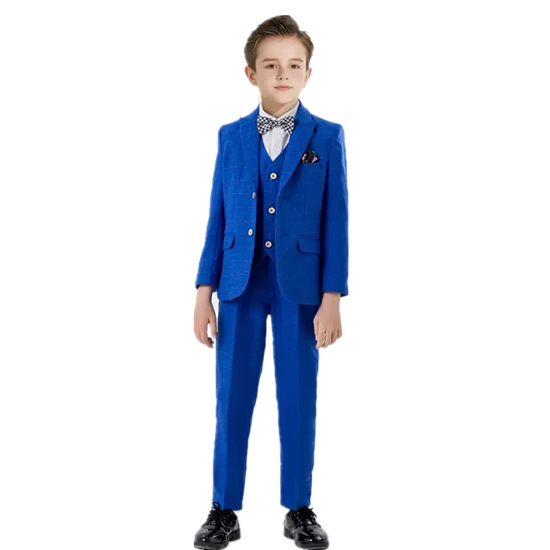 Children's Royal Blue 4Pieces/Set Jacket Vest Pants Bowtie Host Performance Suit Flower Boys Wedding Suit Kids Birthday Blazer