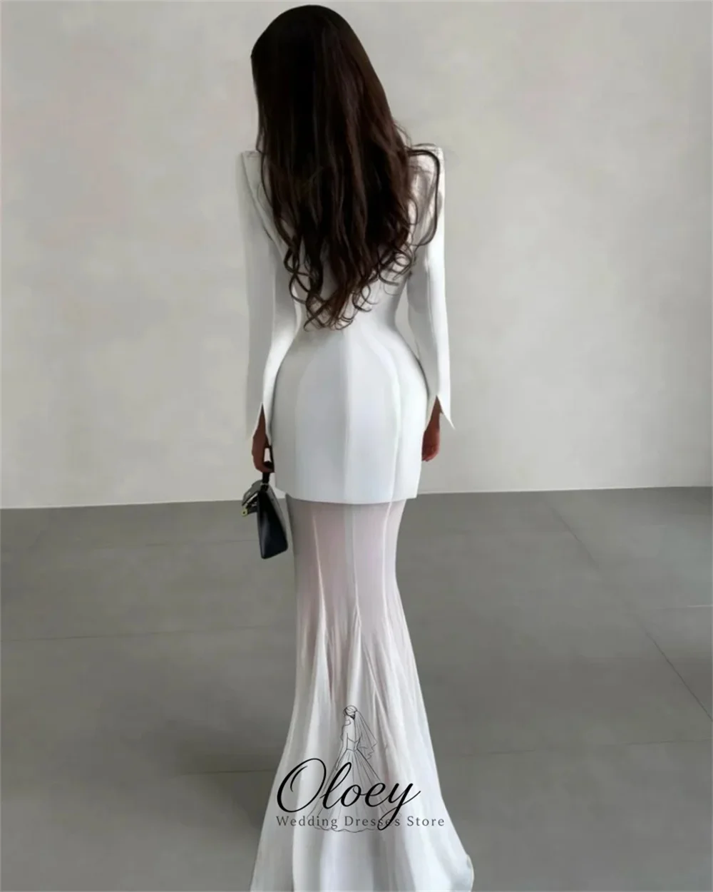 OLOEY Modern Ivory V‑Neck Long Sleeves Two Piece Reception Dress Satin Chiffon Mermaid Evening Gown Dress Customized 2026