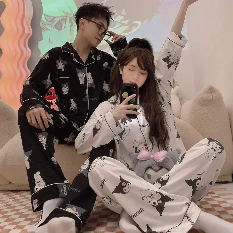 Y2K Kuromi matching Pajamas for Couple Hello Kitty Pyjamas Set Sanrio Fashion Sleepwear Women Men Black Long Sleeve Top Shirts