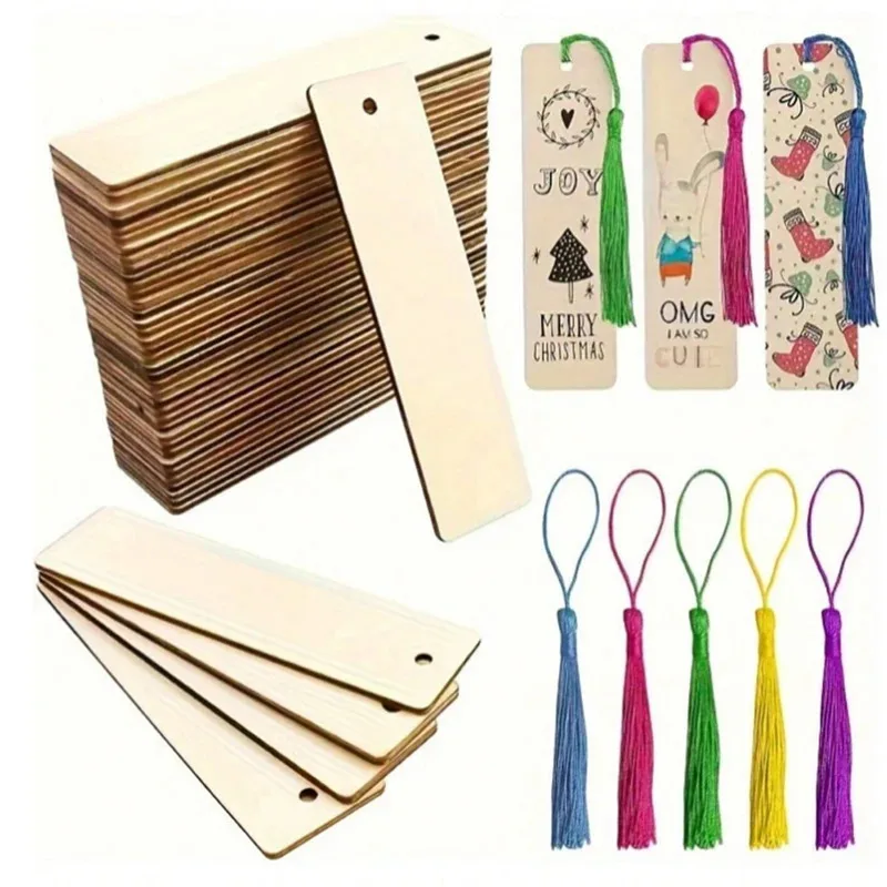 

10/30/50/70Pcs Wooden Blank Bookmarks with Tassels Set DIY Wooden Craft Bookmarks Square Tag Wedding Birthday Party Decor