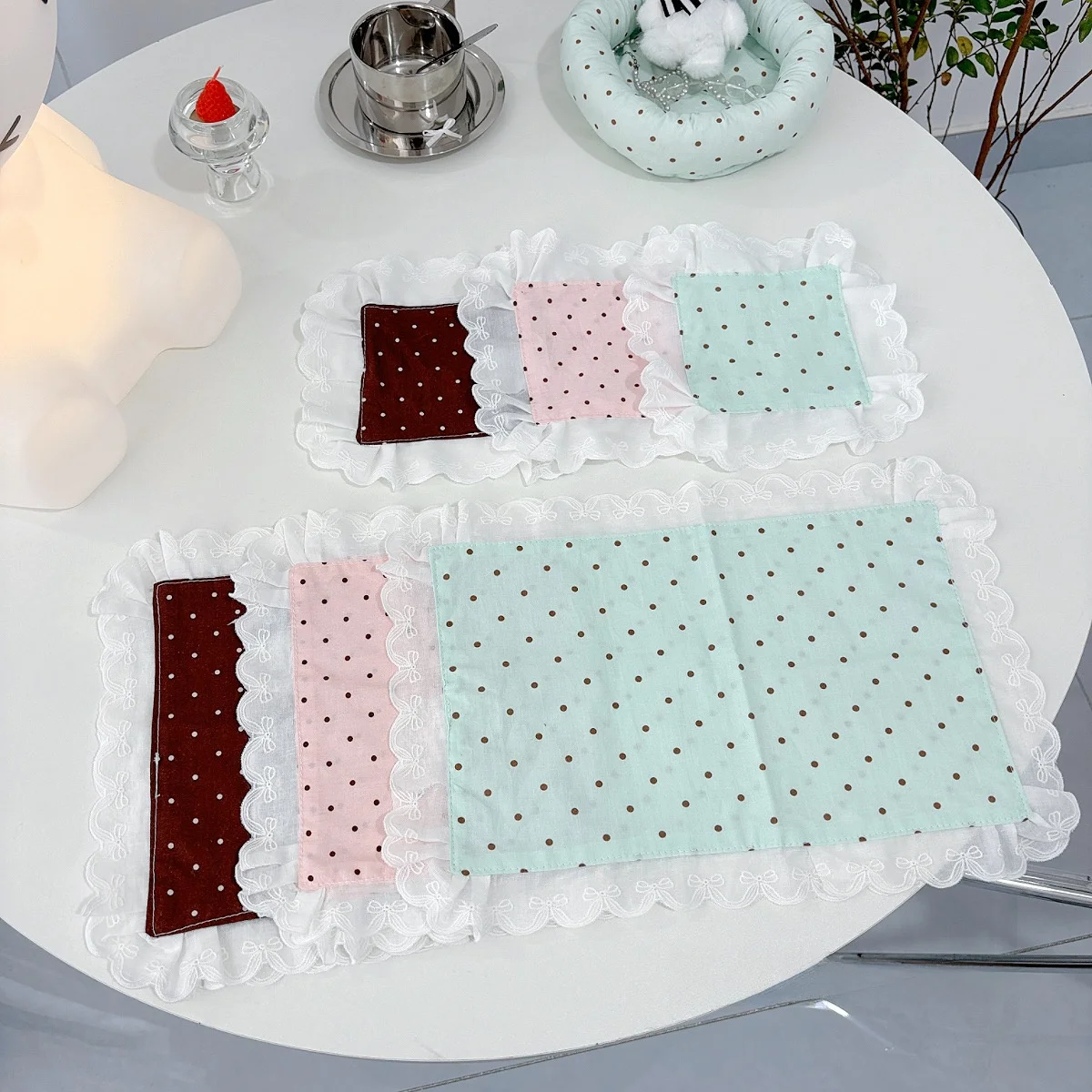 Ins Pink Brown Polka Dot  Knot Pure Cotton Lace Trim Dining Mat Tablecloth Cup Mat Photography Background Cloth Baking