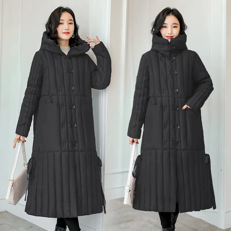 Down Cotton Coat Women 2023 New Artsy Vintage Loose Versatile Winter Jacket Female Hooded Large Size Thick Warm Over Knee Parkas