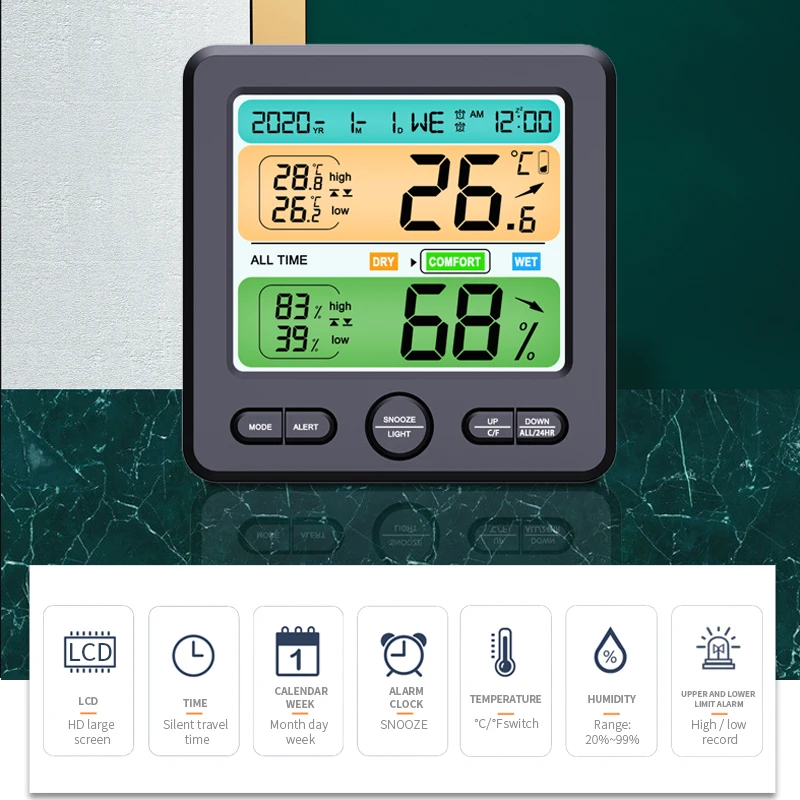

Wireless Digital Thermometer Hygrometer Indoor Thermohygrometer Weather Station for Home, with LCD Date Time Abnormal Alarm