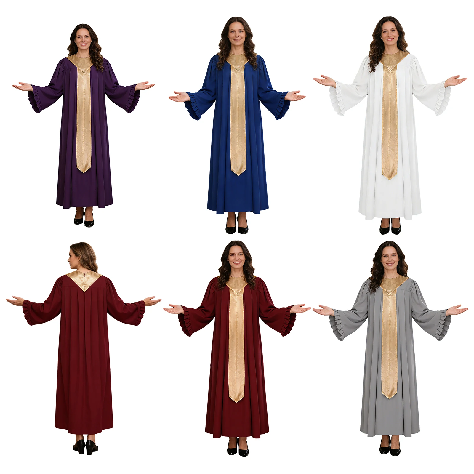 Womens Choir Robe Priest Cassocks Flared Long Sleeve Ruffled Trim Color Blocking Sash Long Robe for Church Activities