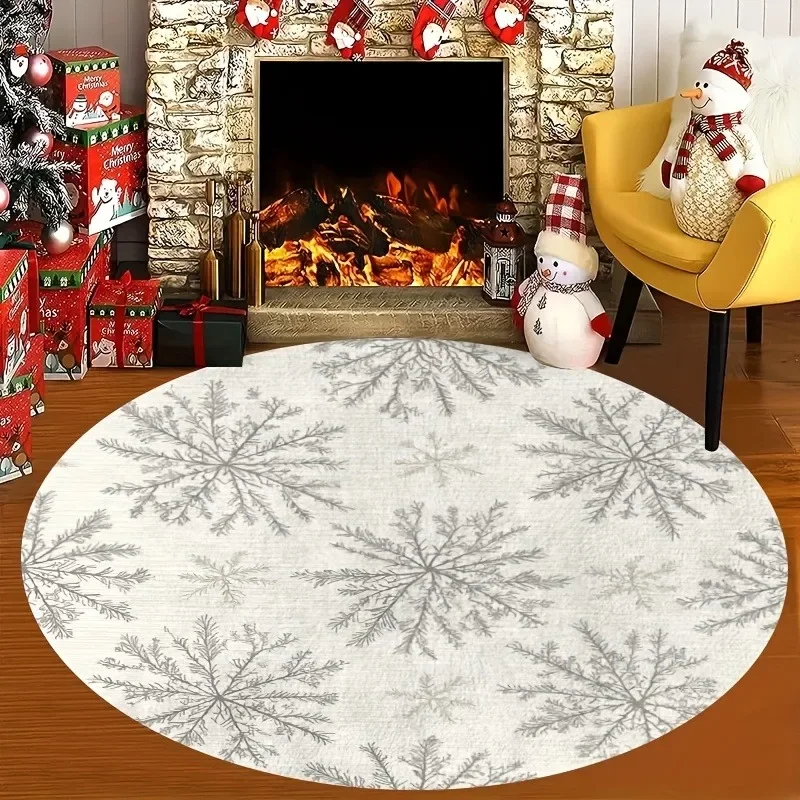 • Circular Carpet Mat Winter Silver Snowflake Print Fireplace Living Room Bedroom Aesthetic Warm Floor Rug
