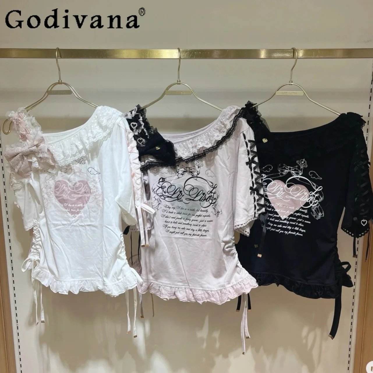 

Japanese Sweet Off-Shoulder Sling T-Shirt Autumn New Girls' Cute Bow Rhinestone Print Short Sleeve Tops Woman's Casual T-Shirt