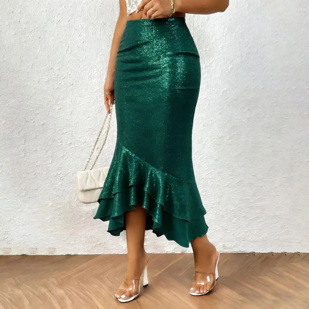Women Long Skirt Women Midi Skirt Hip-hugging Design Party Skirt with Glitter Ruffle Hem Low-rise Fishtail Pure Color Daily Wear