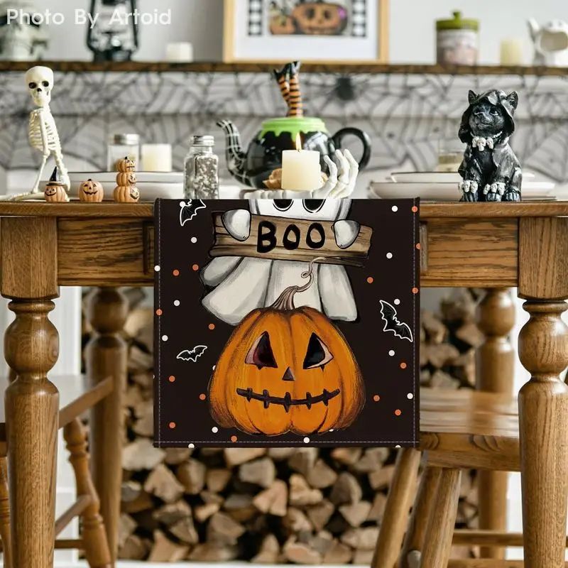 VIKAMA Halloween Table Runner Black Cat Ghost Pumpkin Bat Boo Polka Dot Table Runner for Dining Table Home Party Decor
