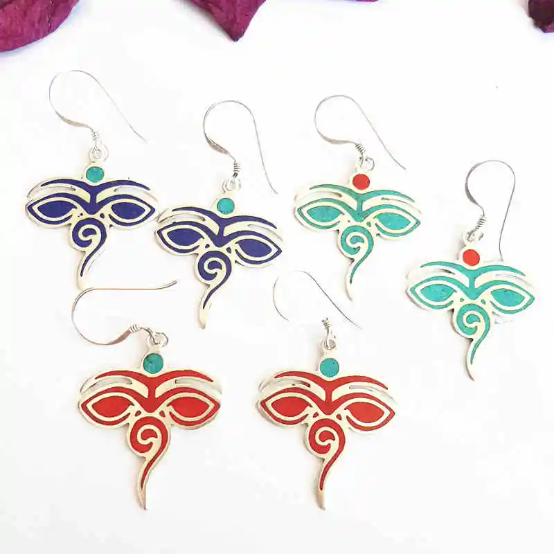 Tibetan Buddha Eye Amulet Earrings Nepal Hand Jewelry Copper Inlaid Stone Multi Colors E124