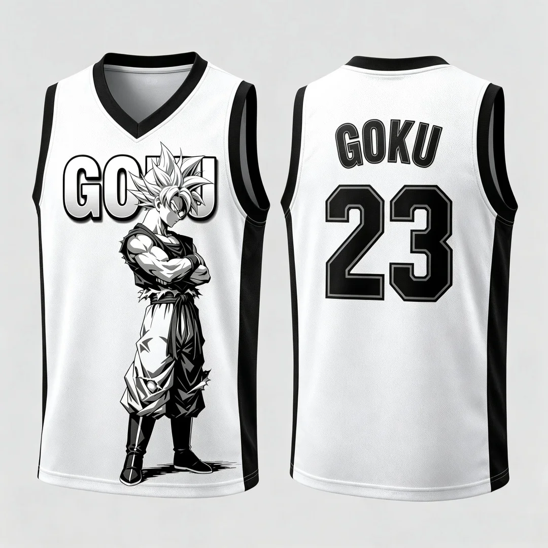 Dragon Ball Ultra Instinct Goku Basketball-Trikot, passende Eltern-Kind-Outfits, weiß, rot, ärmelloses Tank-Top, Anime-Streetwear – Detail 5