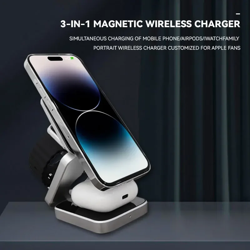 3 in 1 Foldable Fast Wireless Charger Stand For Magsafe iPhone 15 14 13 12 Pro Max Apple Watch 8 7 Airpods Pro Magnetic Station