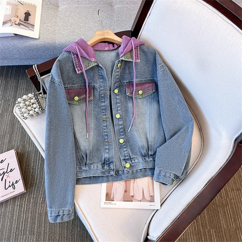Mode Tie-Dye Abnehmbare Gestrickte Mit Kapuze Denim Jacke Frauen Kurze Cowboy Oberbekleidung Frühling Herbst Casual Langarm Jeans Jacke