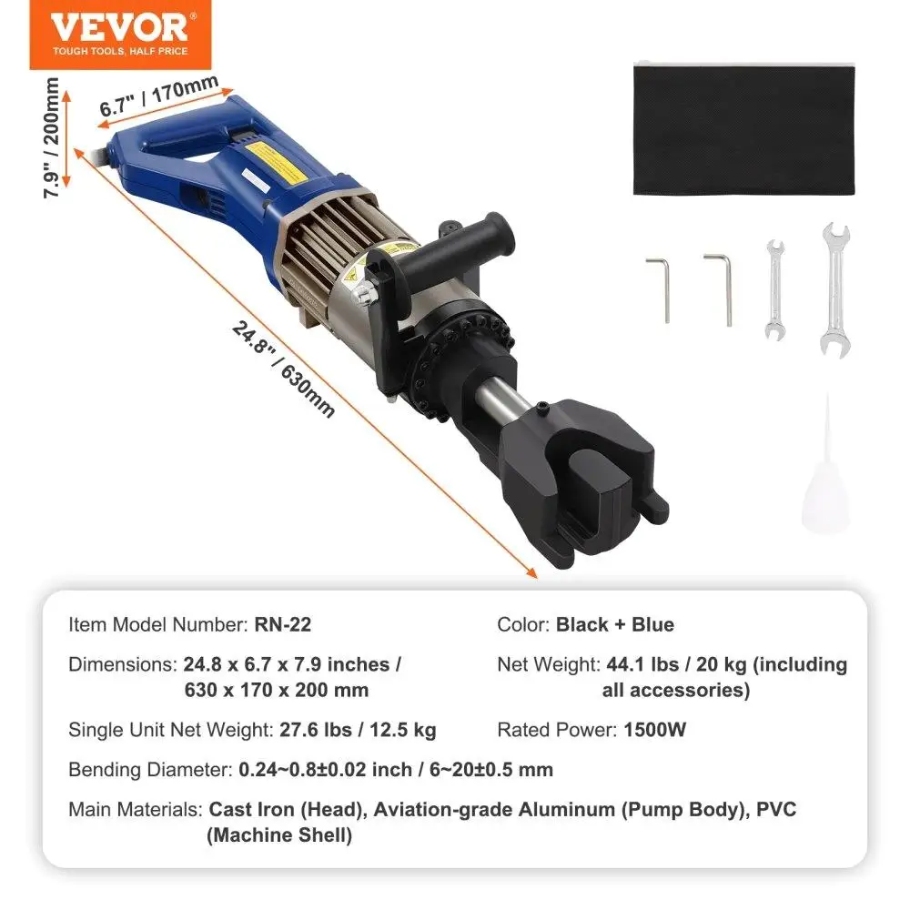 1500W Electric Hydraulic Rebar Bender Heavy-Duty Construction Tool with Cutting and Bending Function for 3/4" #6 Rebar 6-20mm