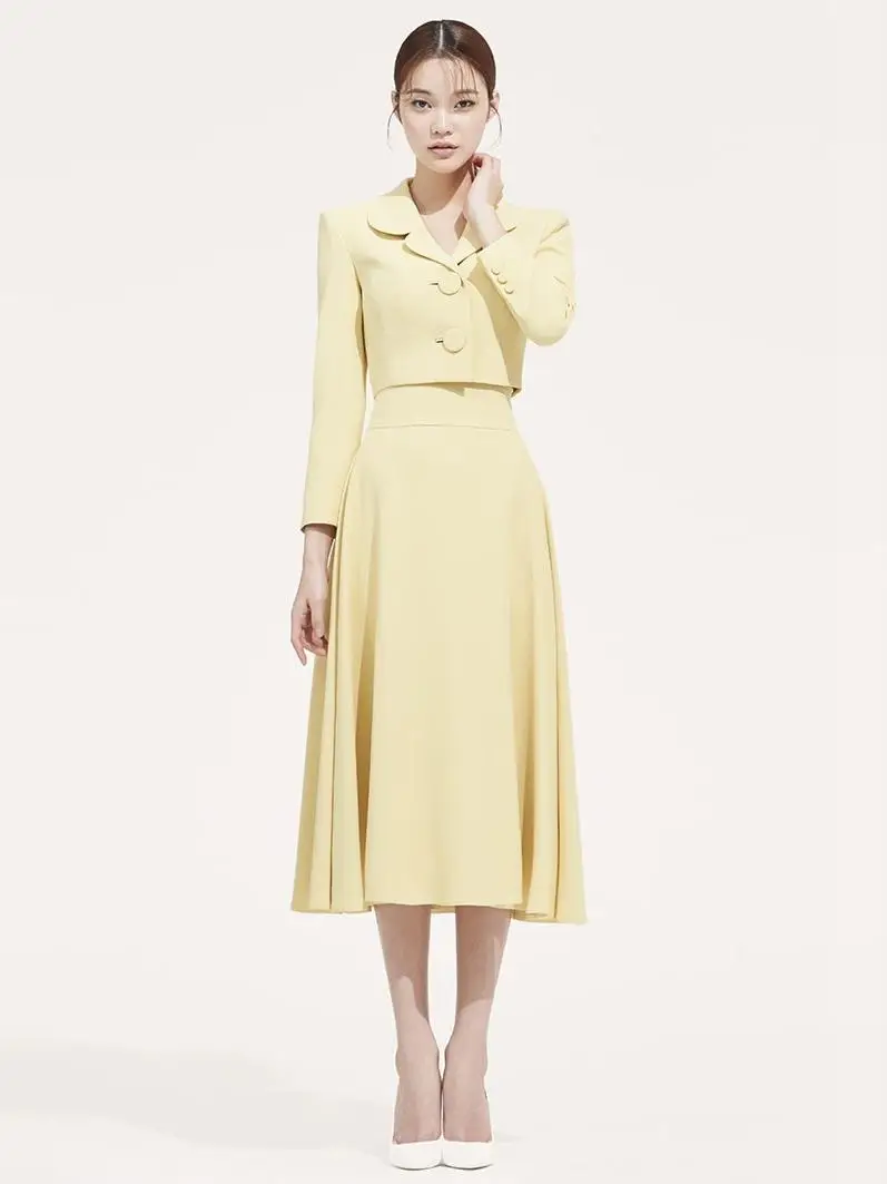 

High-End Fashion Slim Fit Long Sleeve Suit Short Jacket Midi Flared Skirt Two-Piece Set for Women Autumn 2025 Polyester Fiber