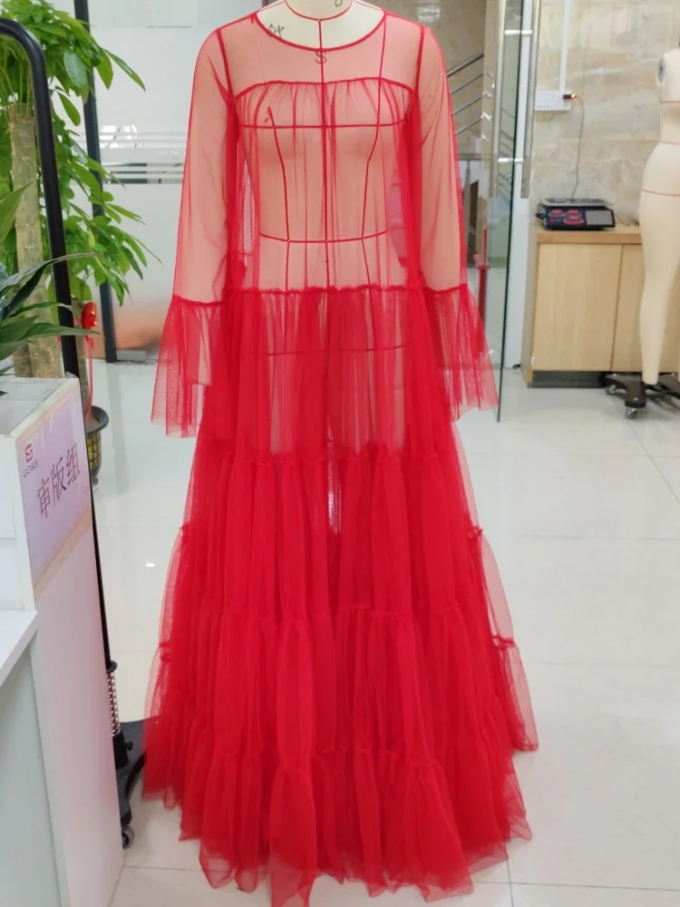 Lato 2025 nowa damska sukienka Maxi Sling Mesh z długim rękawem sukienki imprezowe typu swing plisowane ciasto Vestidos