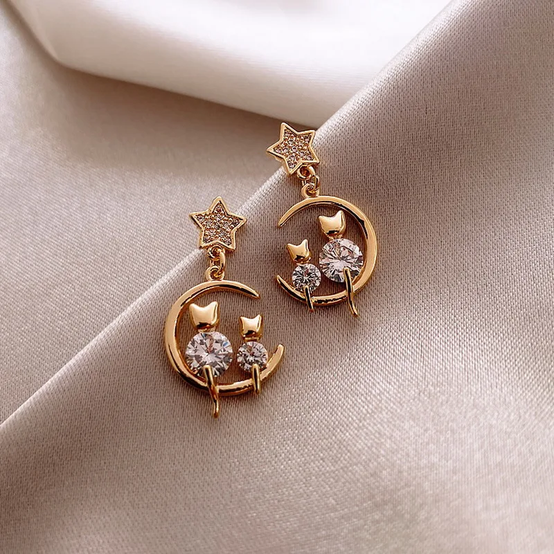 Vintage Rhinestone Heartbeat Earrings Crystal Moon Planet Pearl Zircon Earring Girls Party Birthday Gift Temperament Jewelry