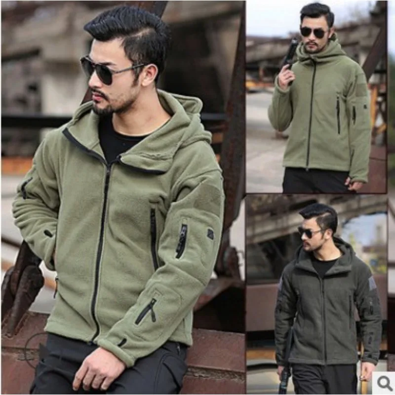 Men's Outdoor Thermal Liner Fleece Jacket, Men's Cold-proof Jacket, Trench Hat Jacket, Solid Color Hooded Jacket