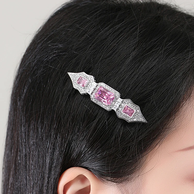 LUOTEEMI Starry CZ Hair Barrette Pink Sqaure Retro Cubic Zircons Clips Women Bridesmaids Wedding Jewelry Christmas Gifts