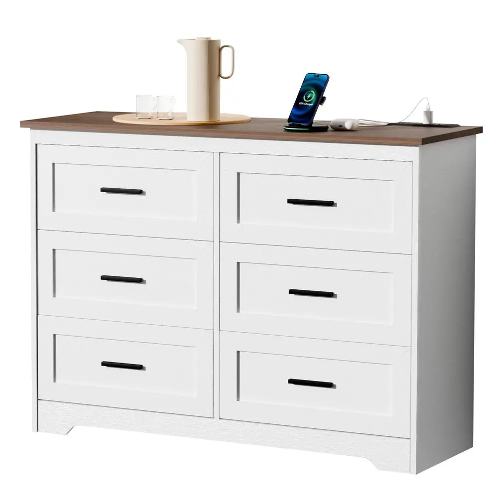 Farmhouse Dresser for Bedroom 6 Drawers Dresser with Power Outlets Rustic Chest of Drawers with Natural Texture White Organizer