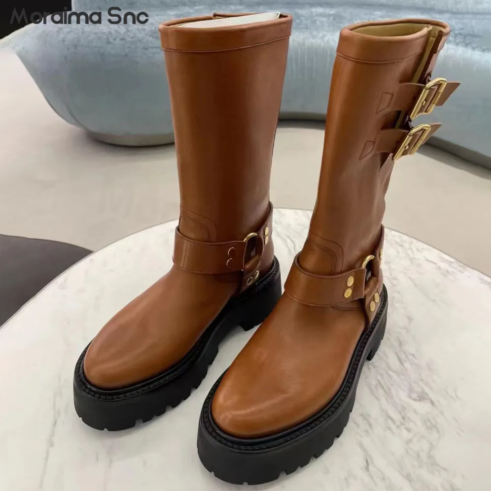 

Brown Belt Buckle Mid-Calf Boots Round Toe Thick Heel Slip-On Platform Short Boots Black Casual Personality Cool Women's Boots