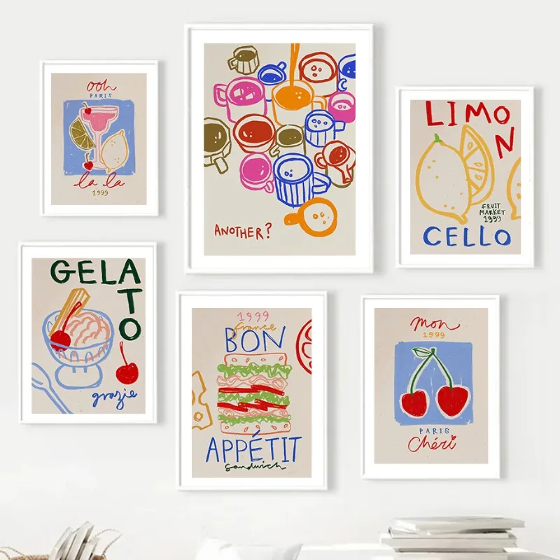 Vintage Cocktail Matcha Latte Coffee Cups Fruit Orange Posters and Prints Canvas Printing Wall Art Picture for Kitchen Bar Decor