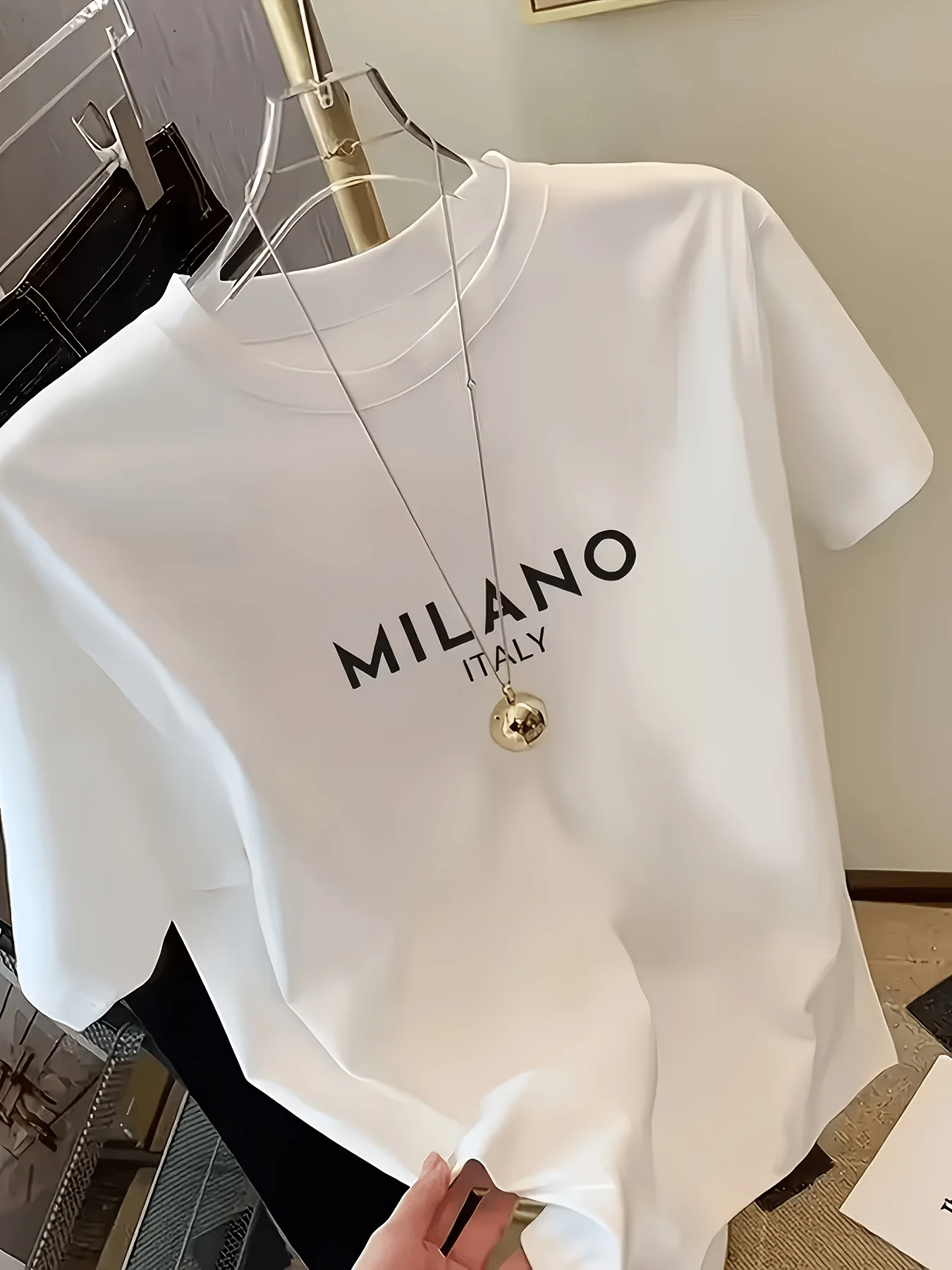 Women's White MILANO ITALY Letter Short Sleeved T-shirt with Simple Style and Comfortable Fabric for Daily Commuting