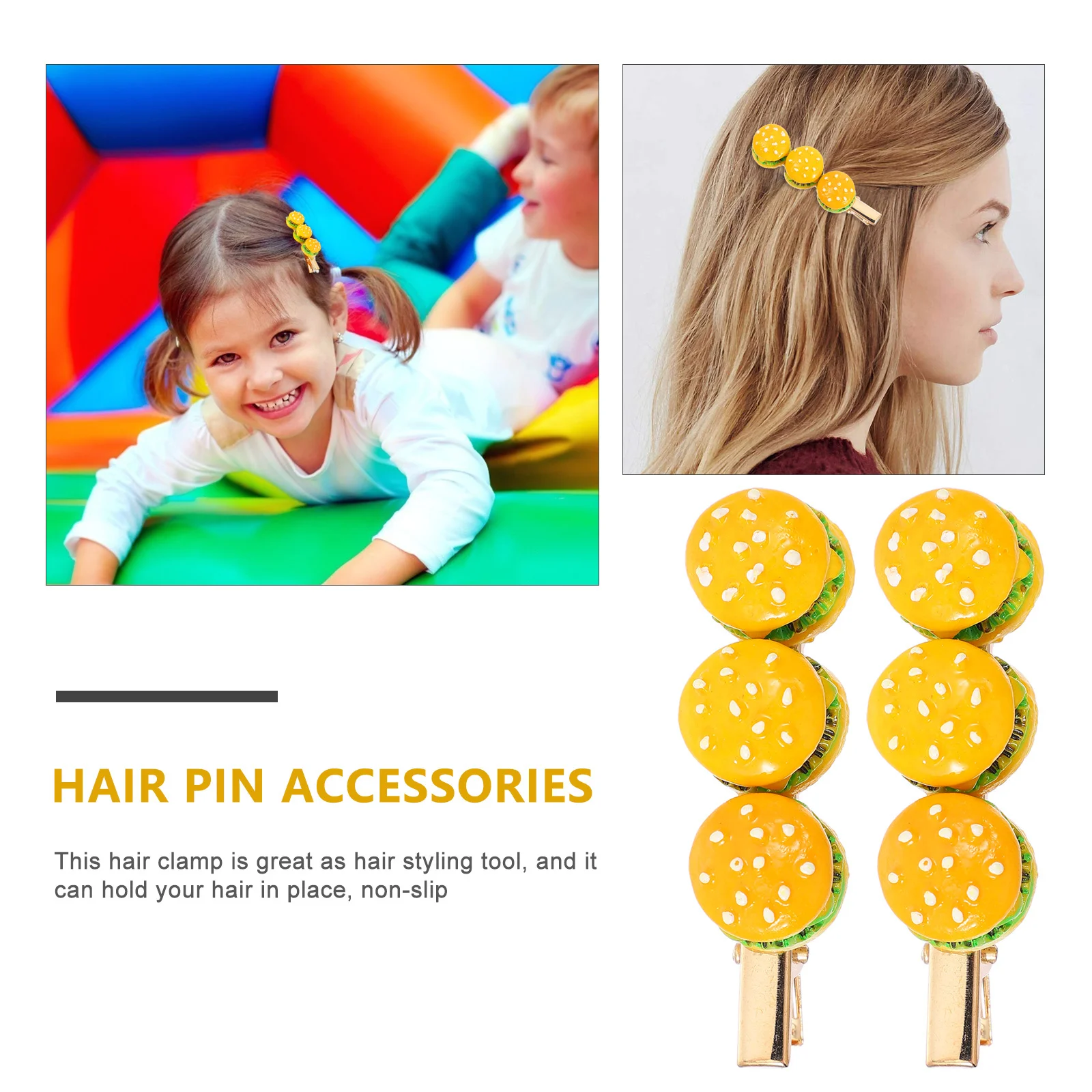 

3Pcs Burger Shaped Hairpin Resin Ferroalloy Hair Clip Girls Hairpin Non Slip Hair Clip Accessories Party Ceremony Birthday