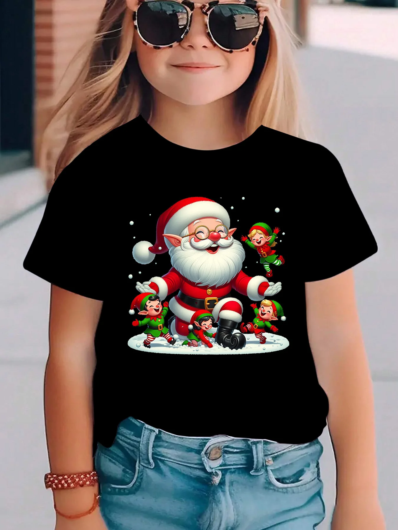 Kids Boys Girls Family Matching T Shirt Christmas Santa Happy Elves Snow Scene Graphic Print Short Sleeve Crew Neck Soft Tee