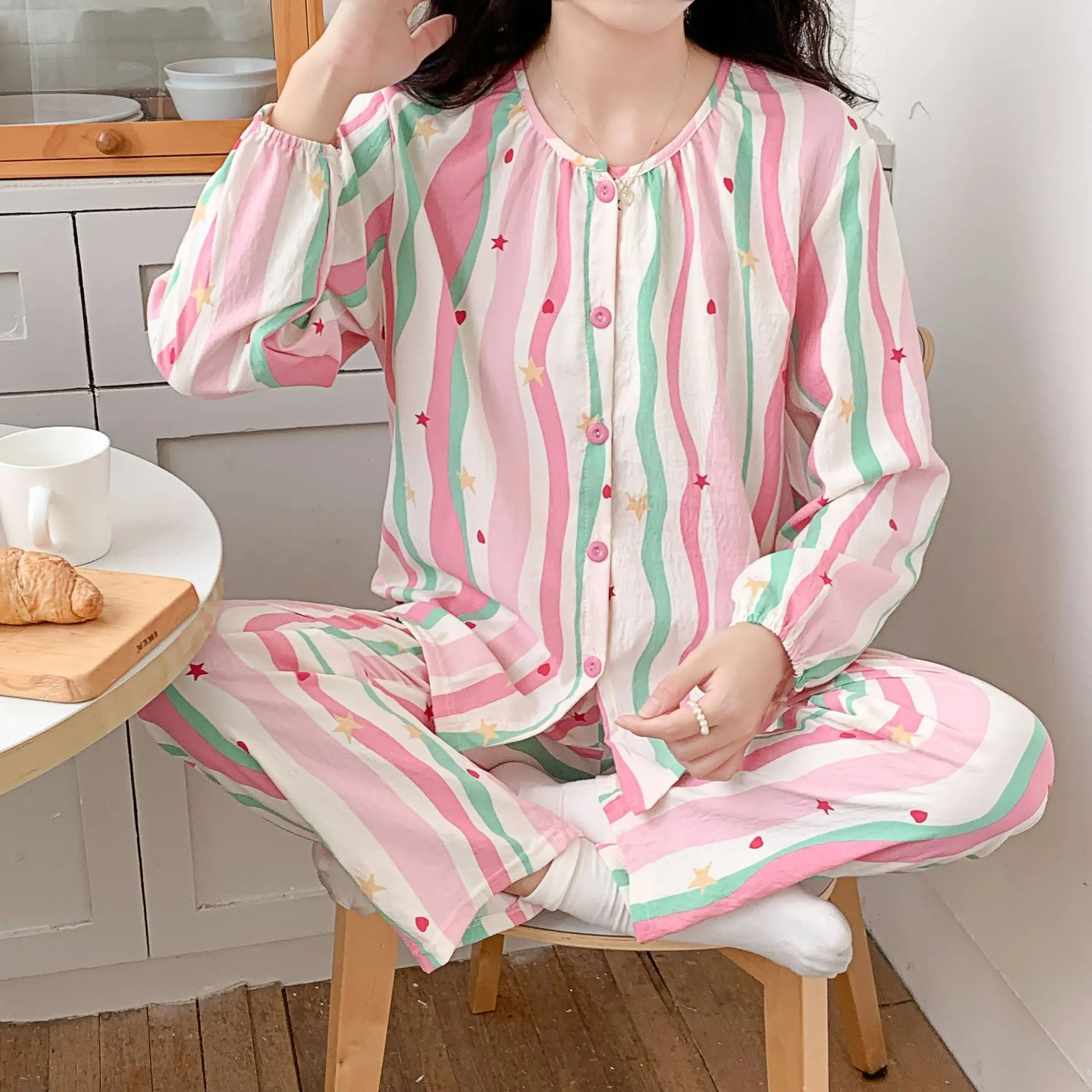 New Pajamas Loungewear Set Women\'s Spring and Autumn Clouds Cotton Dopamine Long Sleeve Loose Sweet Cute Loungewear Set