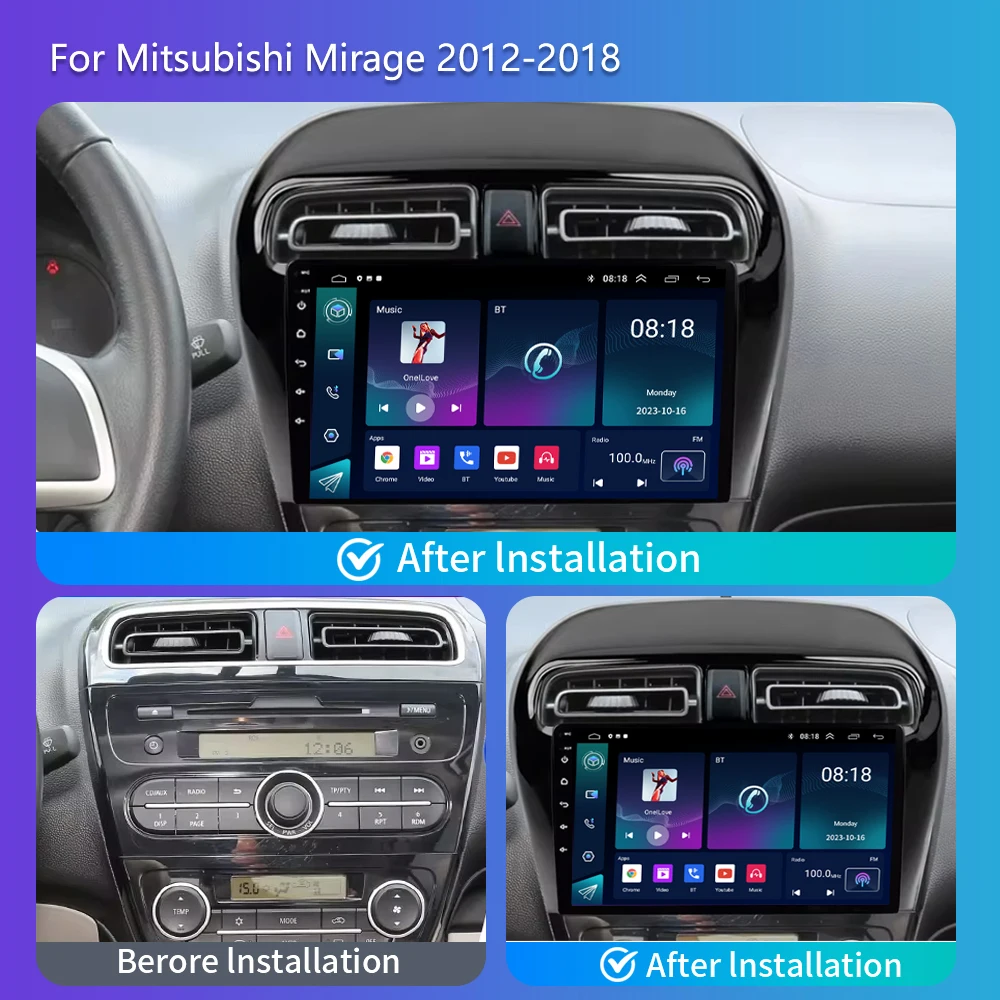 Android 13 2din Car Radio Multimedia Video Player For Mitsubishi Mirage Attrage 2012-2018 GPS Navigation Carplay Auto Stereo DSP