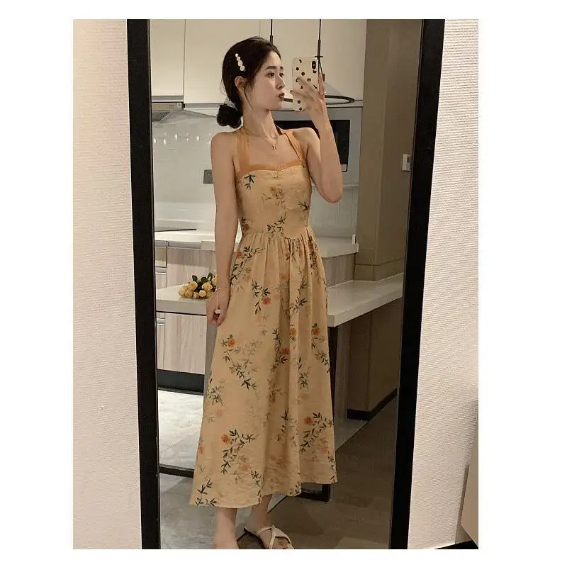 

New Chinese Style Retro Floral Hanging Neck Dress for Women, Summer Outfit, Long Sleeved Cardigan Jacket, Temperament, Waist