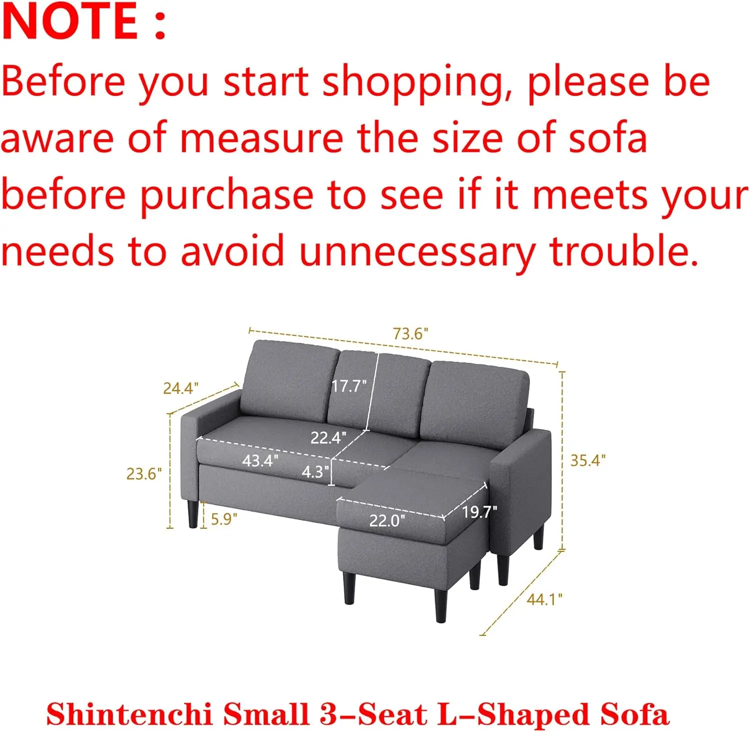 74"Convertible Sectional Sofa Couch,Small 3-Seat L-Shaped Sofa with Modern Linen Fabric Upholstered,Space-Saving Sofa(Dark Gray)