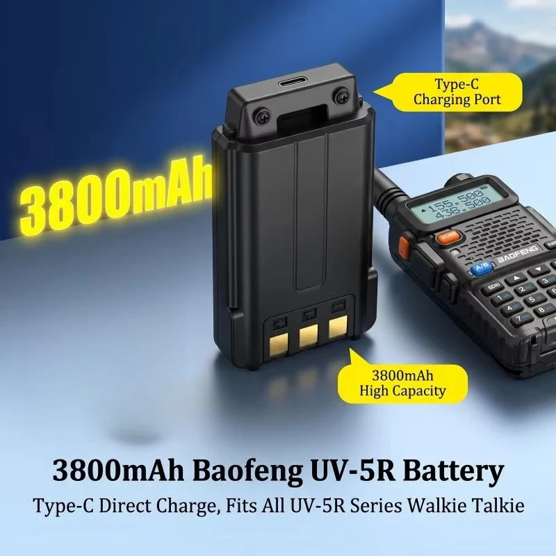 3800mAh High Capacity USB-C  Extended Battery BL-5 Replacement Pack For Baofeng UV-5R UV-5RE Walkie Talkie Radio Spare Part