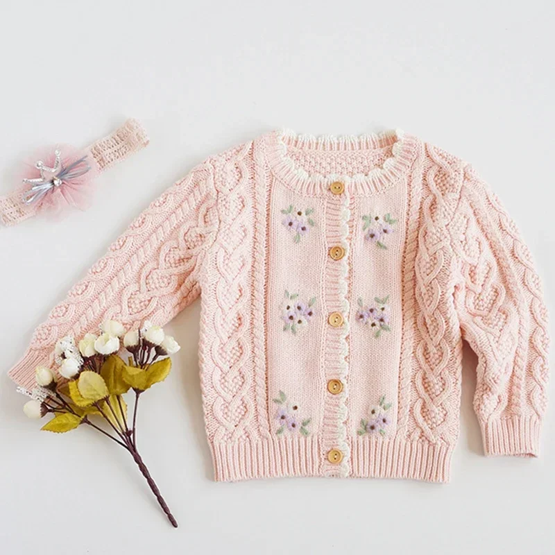 Baby Girls Cardigan Sweater Flower Embroidery Autumn Cotton Sweater Top Baby Clothing Toddler Girls Knitted Coat Winter Clothes