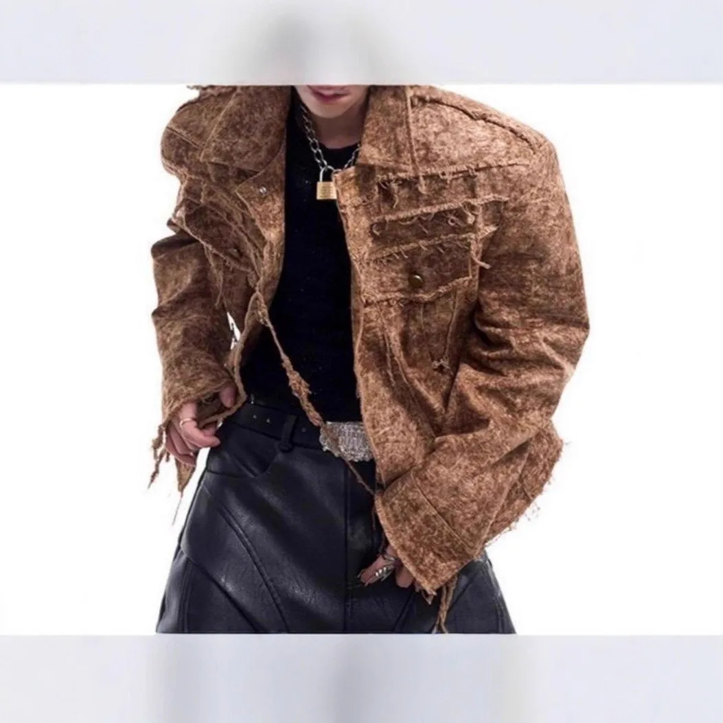 

Desert Wasteland Sle Men's Denim Jaet Frayed Autumn Coat Stand Fit Thiened Fce PU Material Outdoor Wind