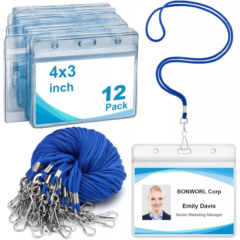12 Pack Lanyards for ID Badges Blue Lanyard with ID Holder and Clear Plastic Horizontal Badge Holder  Wateproof ID Card Holders
