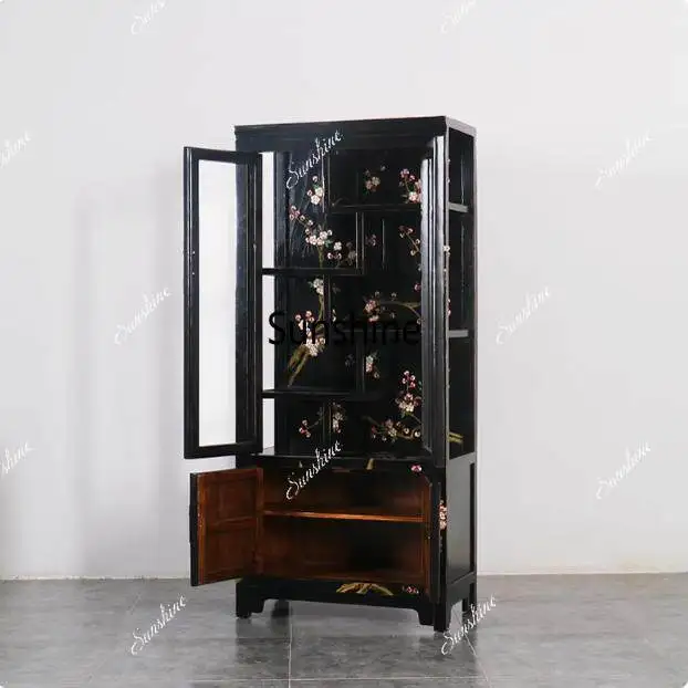Solid wood living room storage classical furniture custom drawer glass perspective