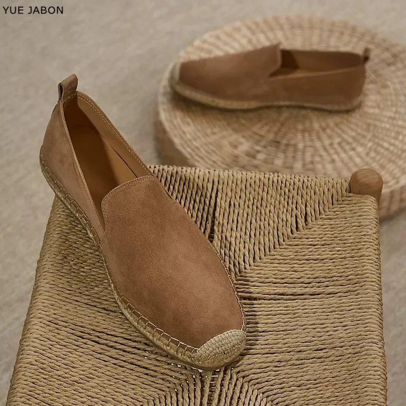 

Brown linen Grass Woven Spring Men's Flats Cow Suede Loafer Shoes Slip On Men Lazy Shoes Fishman Shoes Men's Flats Casual Shoes