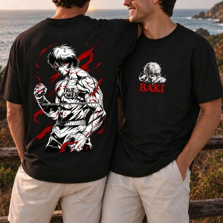 Vintage Baki Hanma Graphic T Shirt Unisex Cotton Short Sleeve Double Sided The Grappler Manga Fighter Streetwear Casual Tops