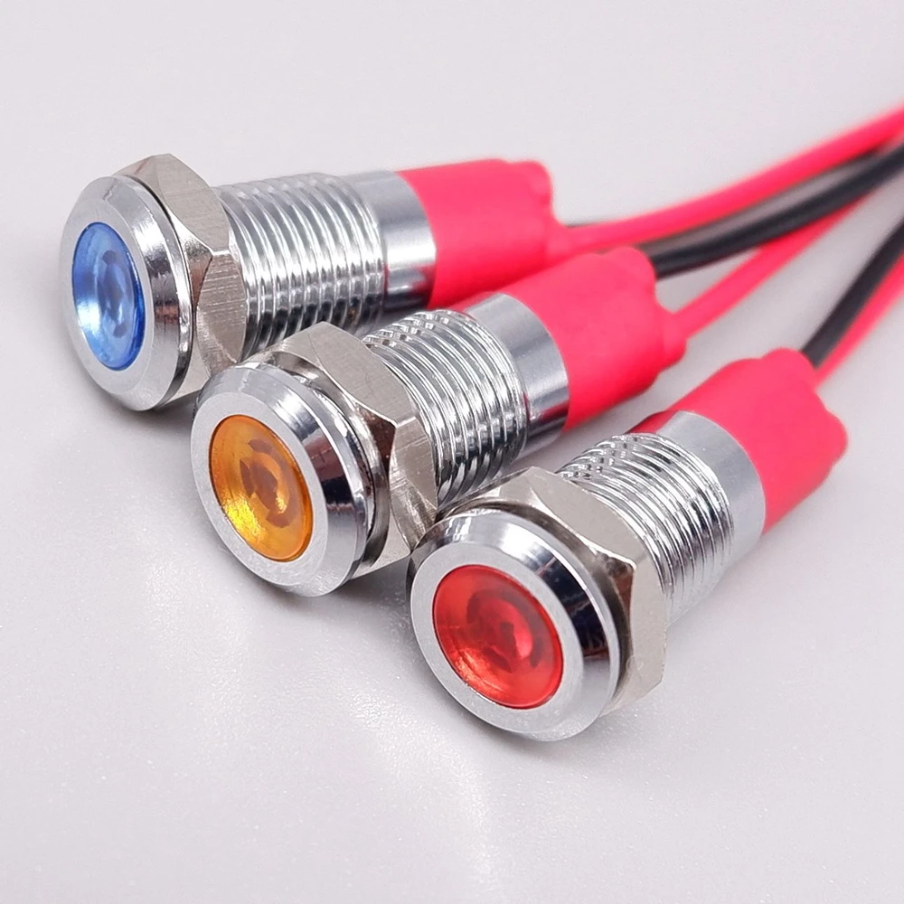 8mm Metal Power Supply Indicator Lamp LED Signal Light with wire 3v 6v 12v 24v 110v 220v Red Orange Green Blue White