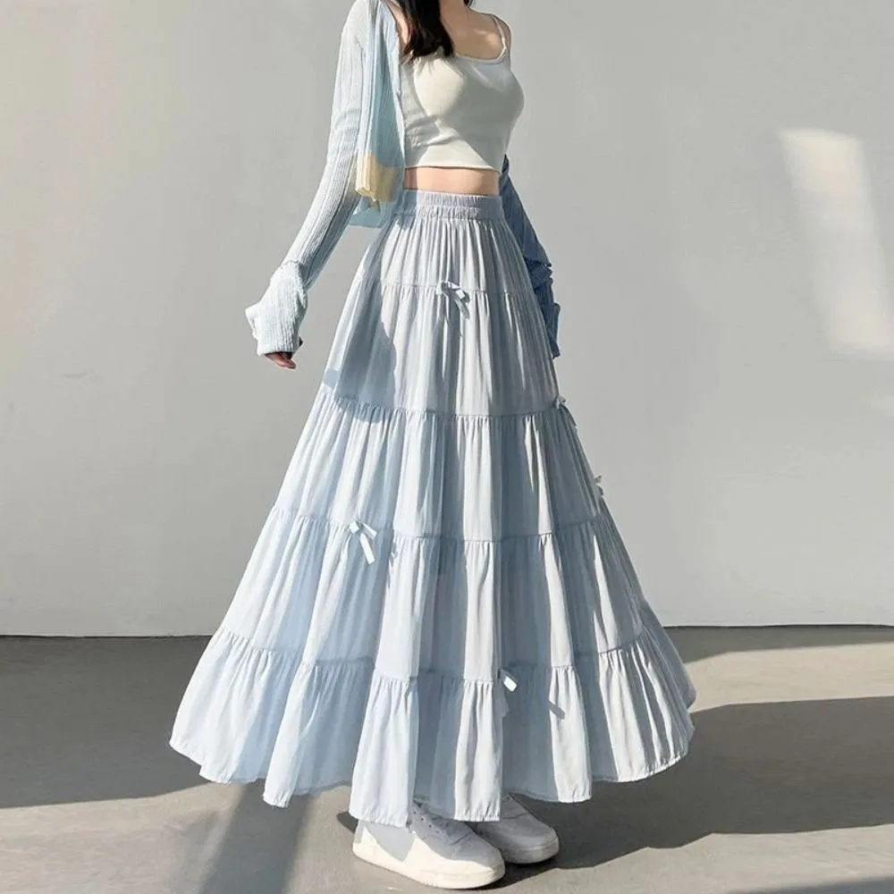 Bowknot Tiered Midi Skirt Hight Waist Solid Color Long Cake A-line Skirts Chic Pleated Seven Point Long Dress Solid Color