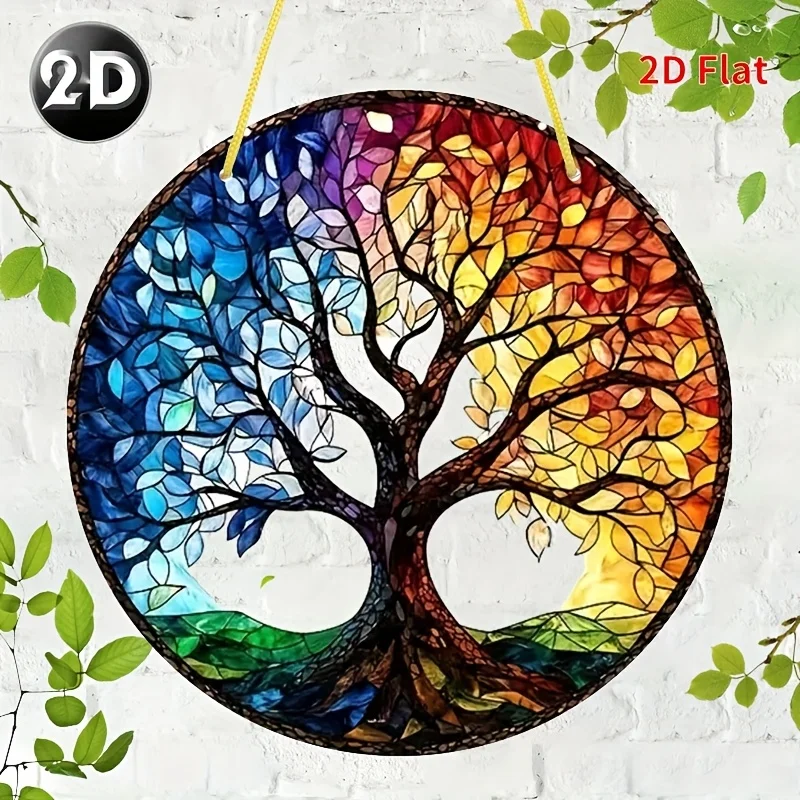 [2D Flat] Vintage Tree of Life Acrylic Wall Art - 20.32x20.32 cm Round Stained Glass Style Decorative Plaque, Colorful & Durable