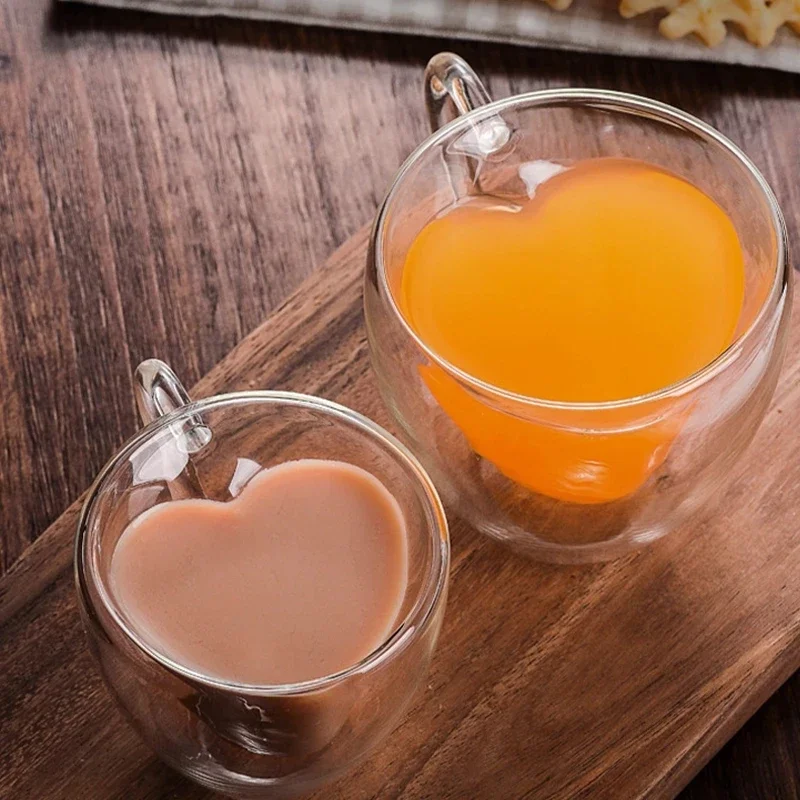 1/2pcs Heart Cup Couple Cup Double Layer Glass Insulated Clear Tea Cups with Handle for Coffee,Cappuccino, Latte, Milk Drinkware image 2